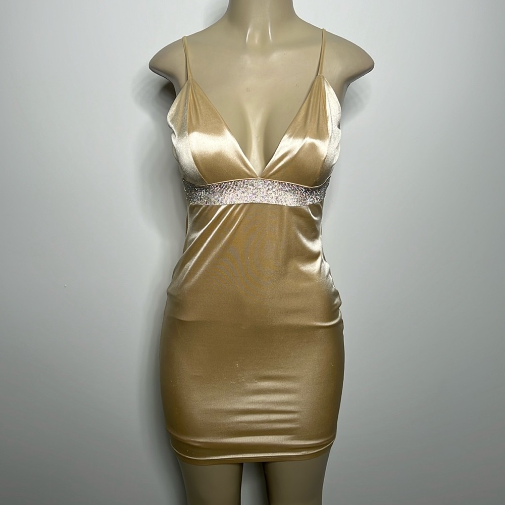 Shop 17 cream stretchy satin mini dress with jeweled detail